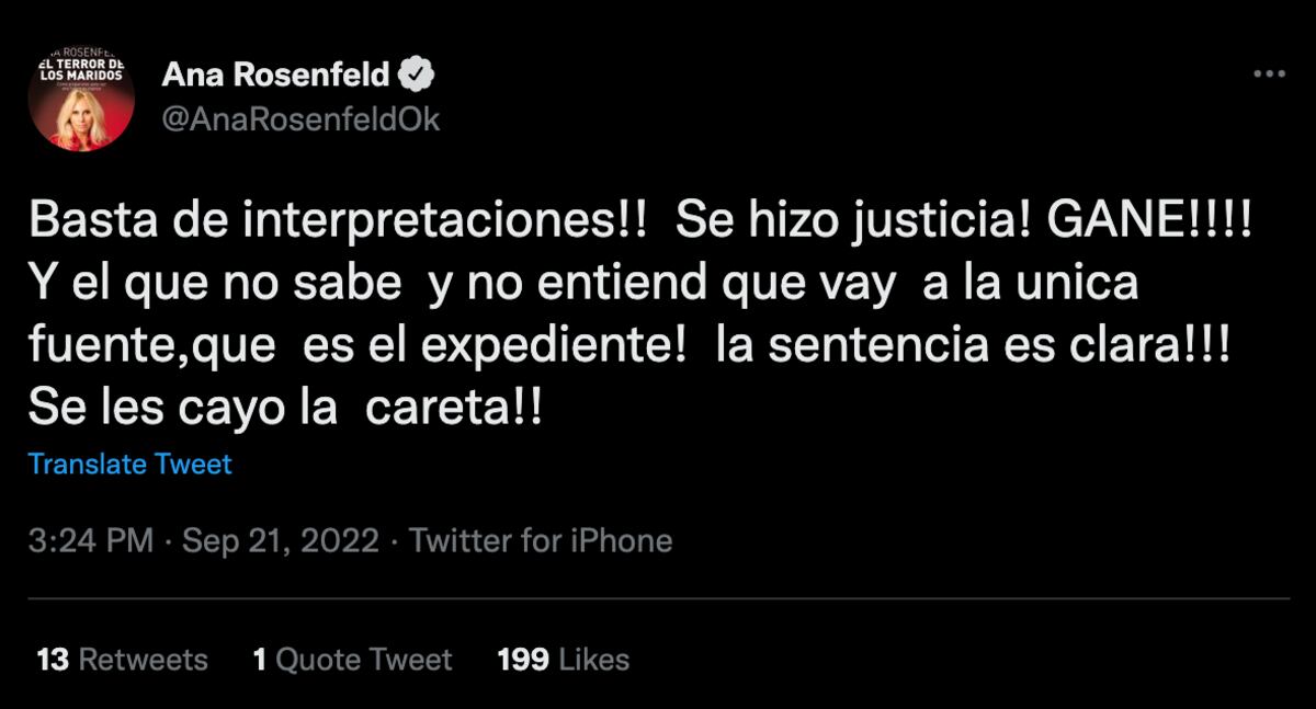 El tuit de Ana Rosenfeld festejando su victoria judicial