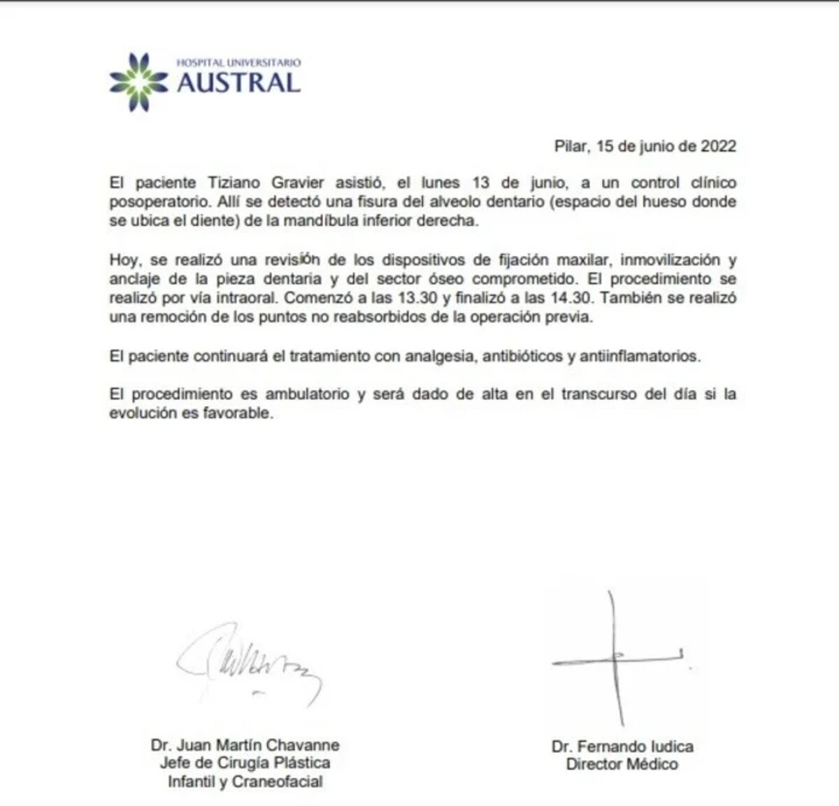 Parte médico de Tiziano Gravier tras la intervención quirúrgica de este miércoles.