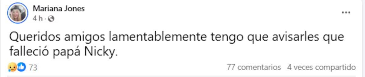 La hija de Nicky Jones confirmó la noticia en su perfil de Facebook. (Captura)