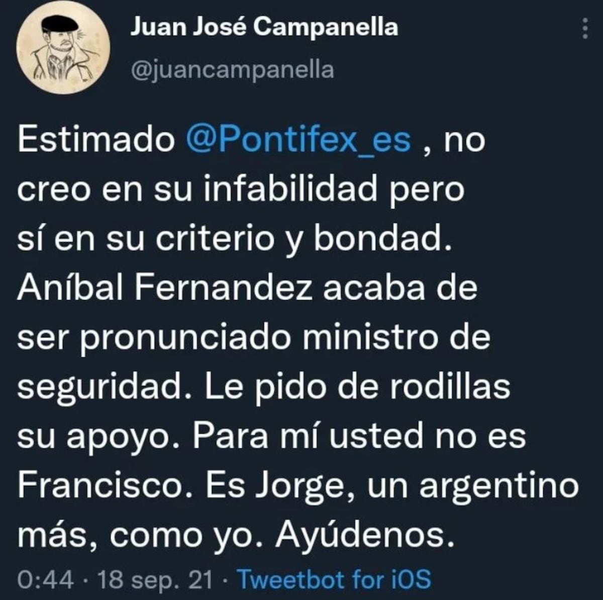 Tuit de Juan José Campanella. (Captura Twitter)