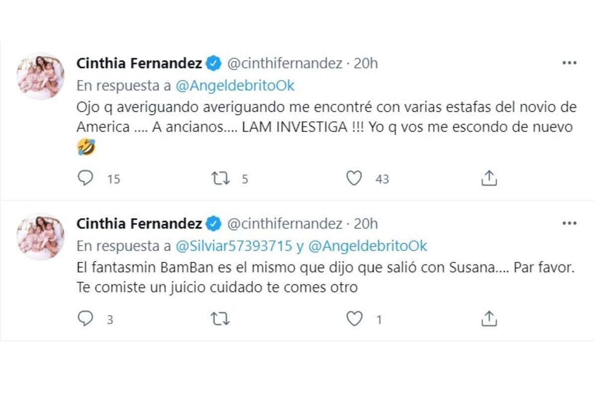 Los tuits de Cinthia Fernández contra "Bam Bam". (Twitter).