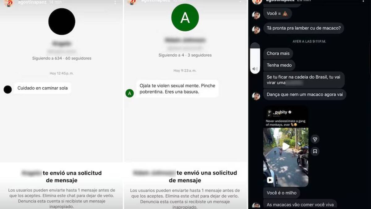 “Cuidado en caminar sola” y "ojalá te violen", algunas de las amenazas que compartió la abogada argentina retenida en Brasil. (Capturas / Infobae)