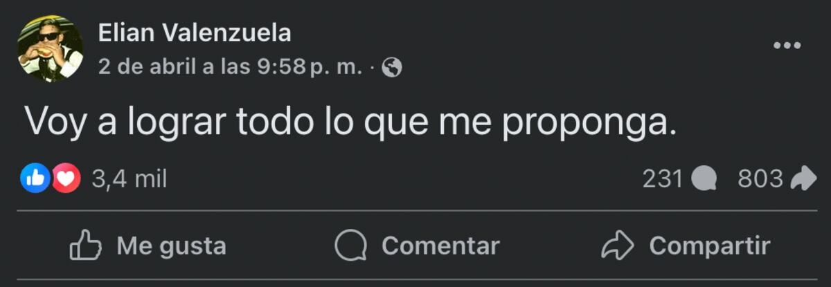 Uno de los preocupantes mensajes que L-Gante compartió en su cuenta de Facebook. (Foto: captura de pantalla)