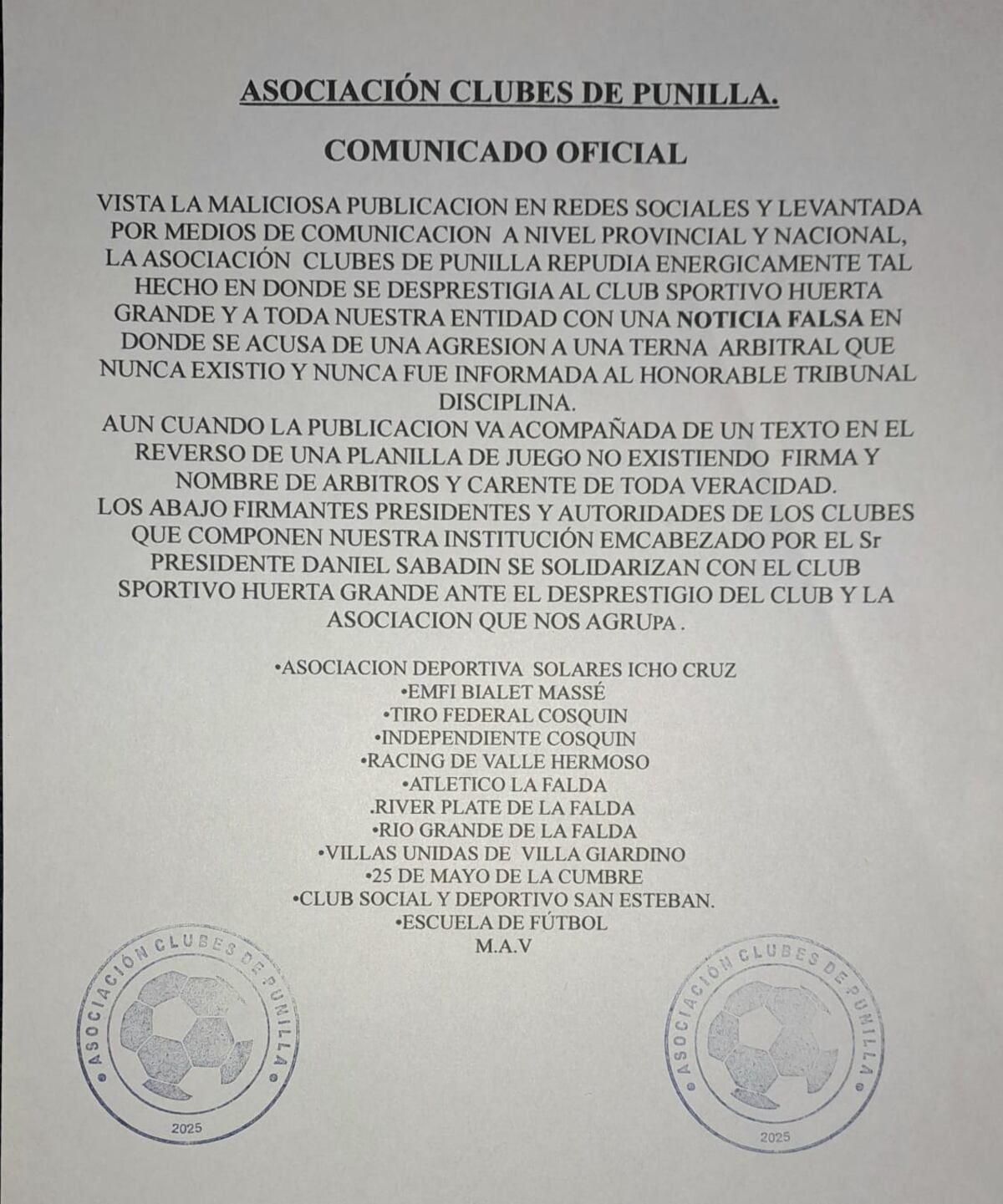 Comunicado oficial de la Asociación Clubes de Punilla.