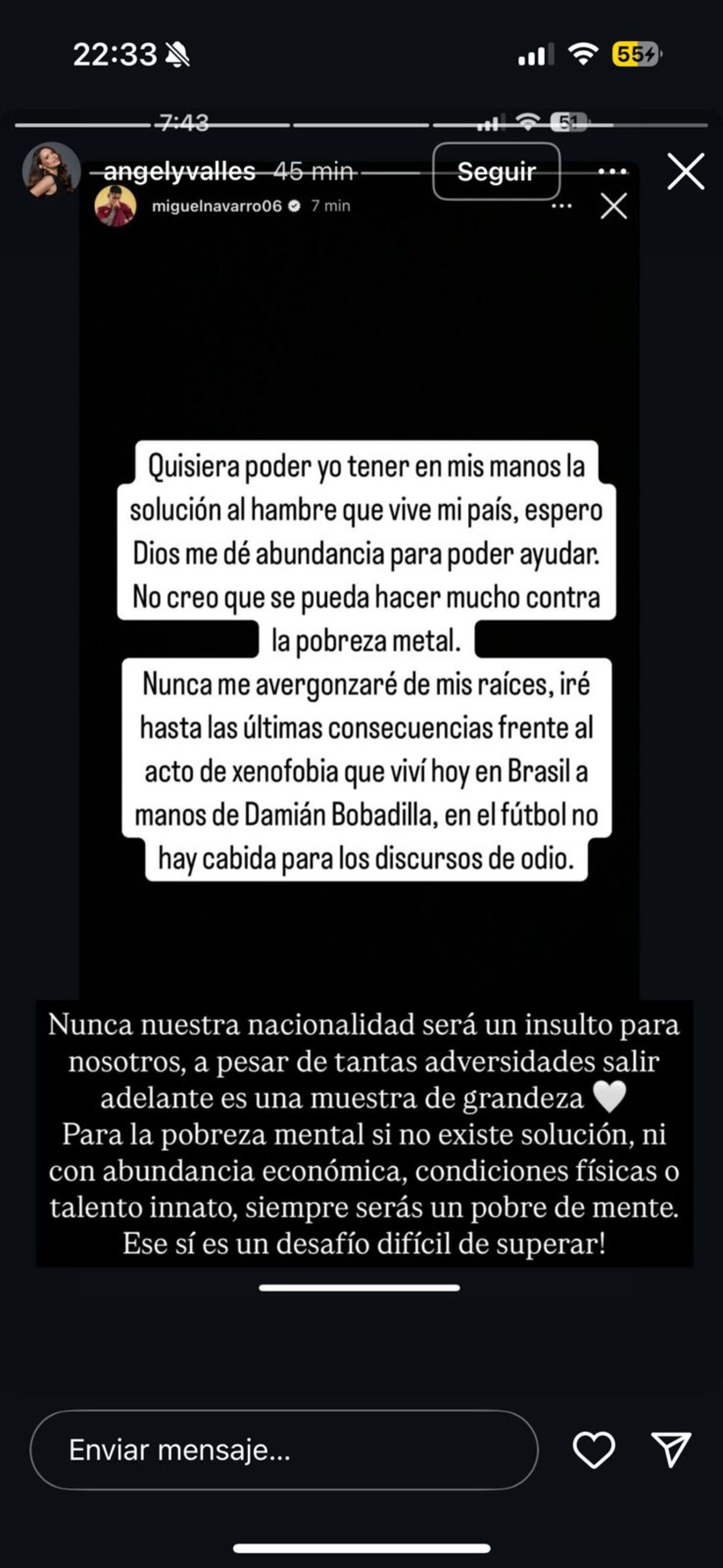 Los posteos en redes de la pareja de Migiel Navarro, jugador de Talleres al que un un futbolista de São Paulo le dijo "venezolano muerto de hambre".