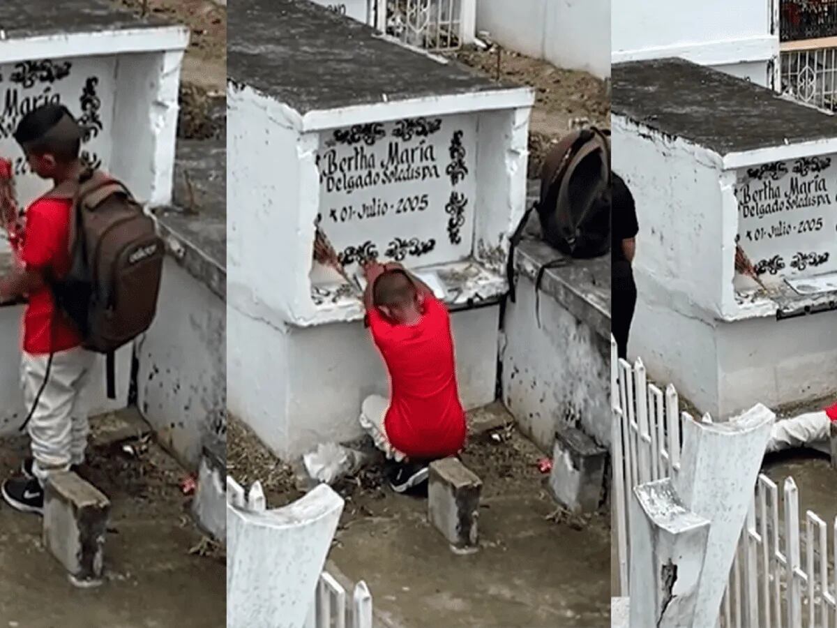 El niño hablando con su madre en su tumba.