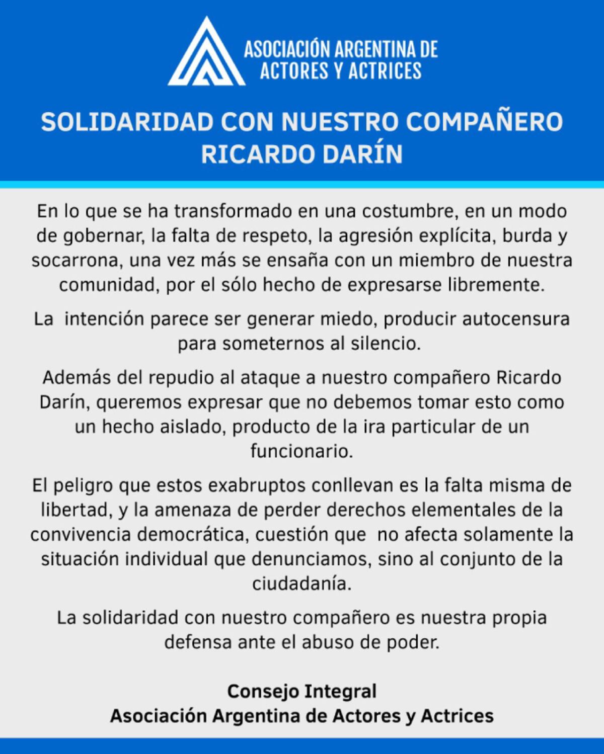 El comunicado en defensa de Ricardo Darín. (@actoresprensa)