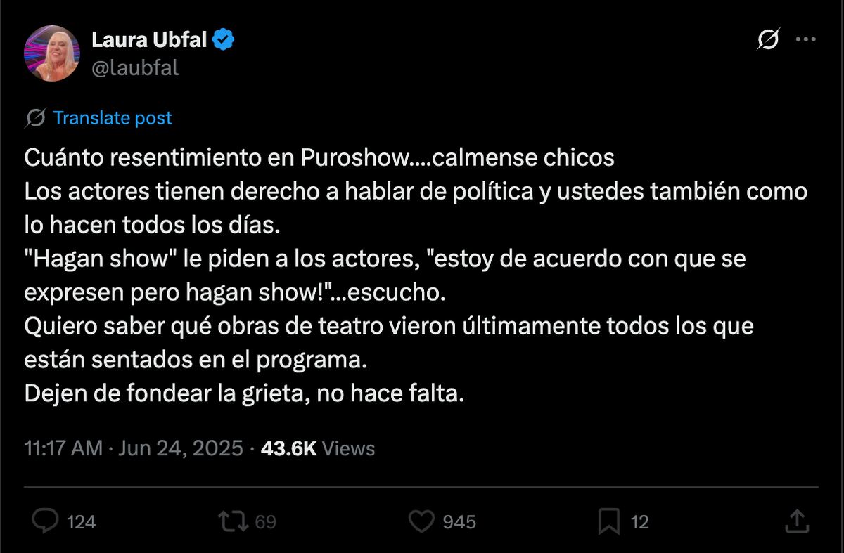 Las críticas de Laura Ubfal a "Puro show" por lo que dijeron de la ceremonia de los Martín Fierro de teatro 2025. (Foto: captura de pantalla)