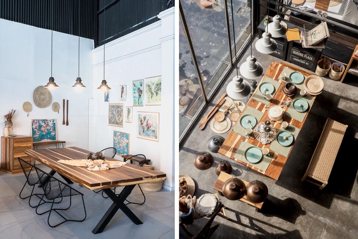 Metal, cemento alisado y la mesa de madera maciza con vetas bien marcadas marcan una buena combinación (imagen gentileza de Vaca Mística).