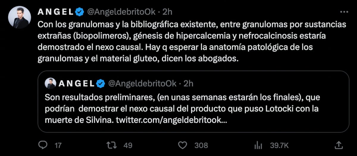 Los tuits de Ángel de Brito en relación a la autopsia de Silvina Luna. (Foto: Captura de pantalla)