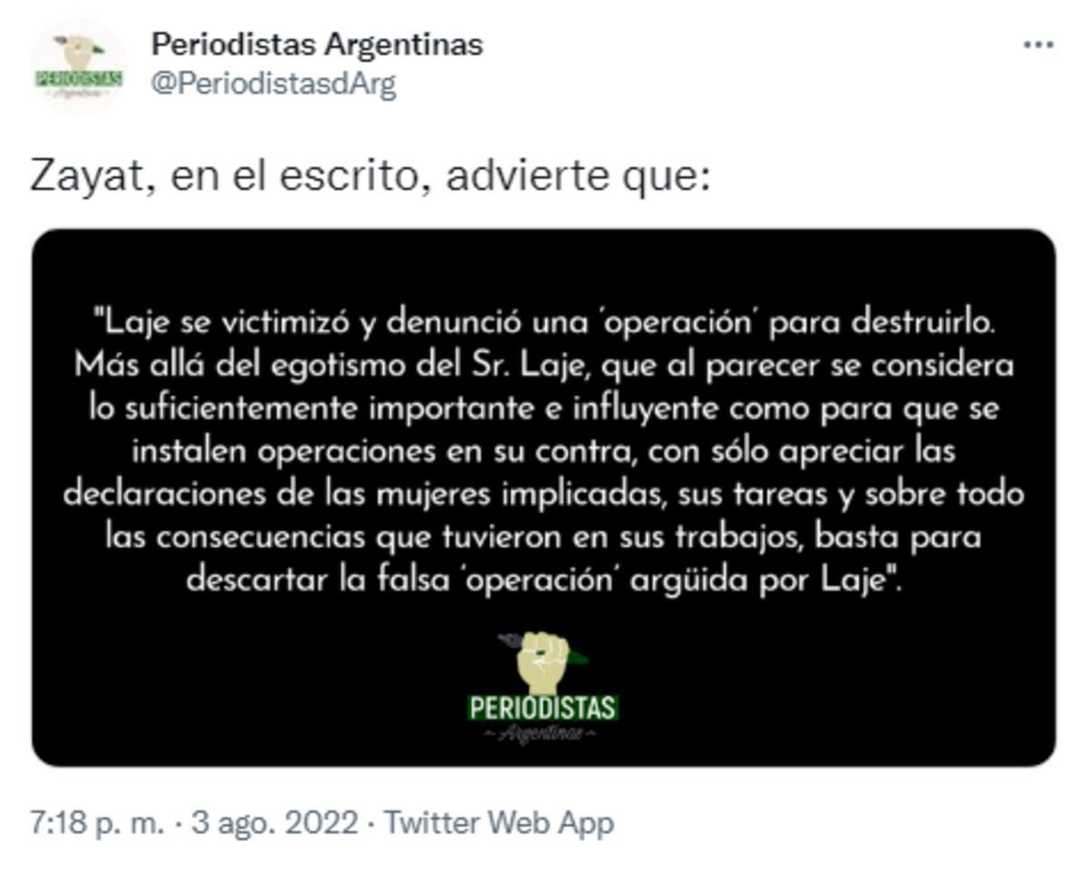 El hilo de Twitter de Periodistas Argentinas sobre el dictamen del INADI acerca de las denuncias contra Antonio Laje y Grupo América (Captura de pantalla)