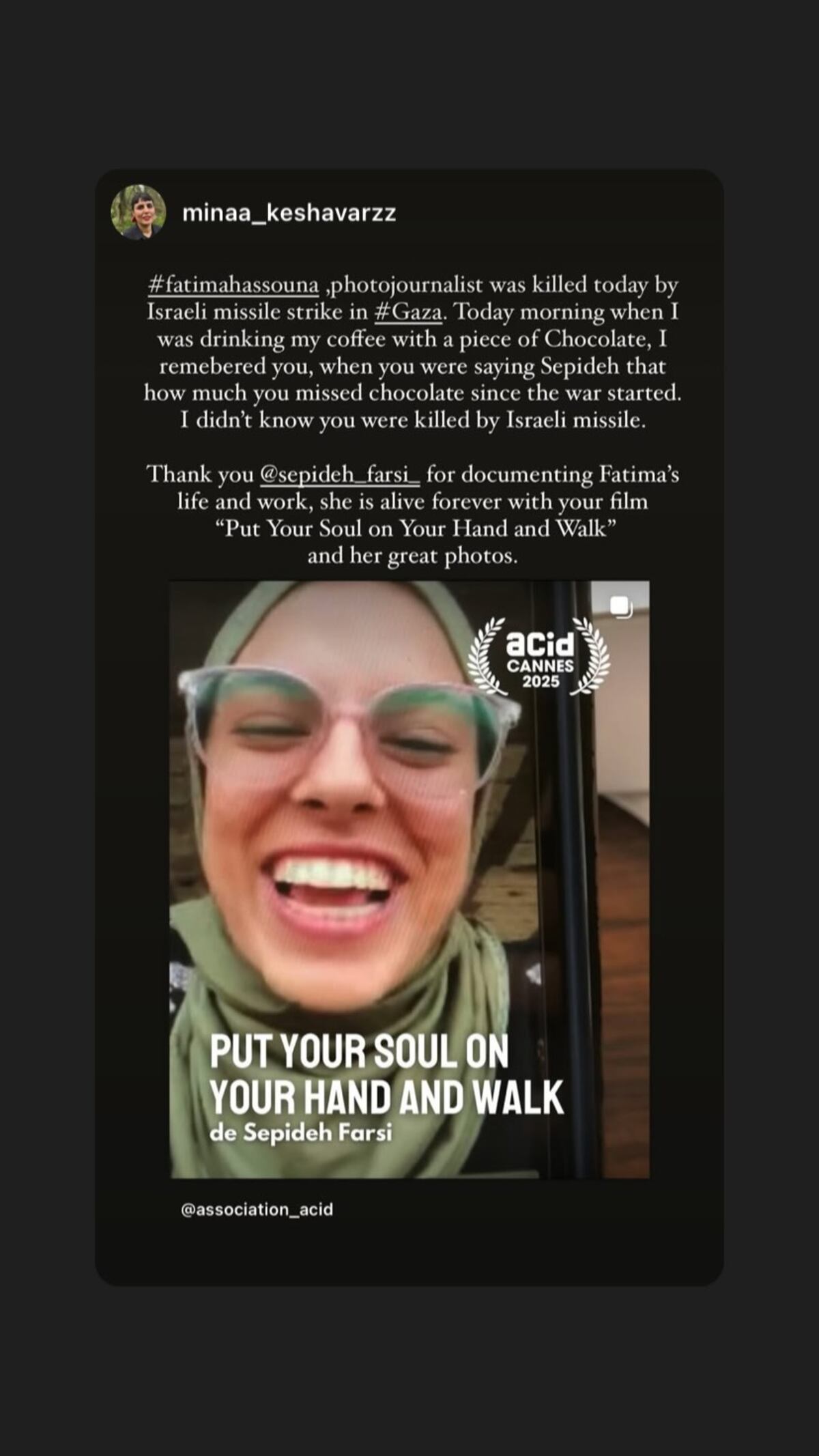 Fatma Hassouna, fotoperiodista palestina recientemente asesinada. (Captura)