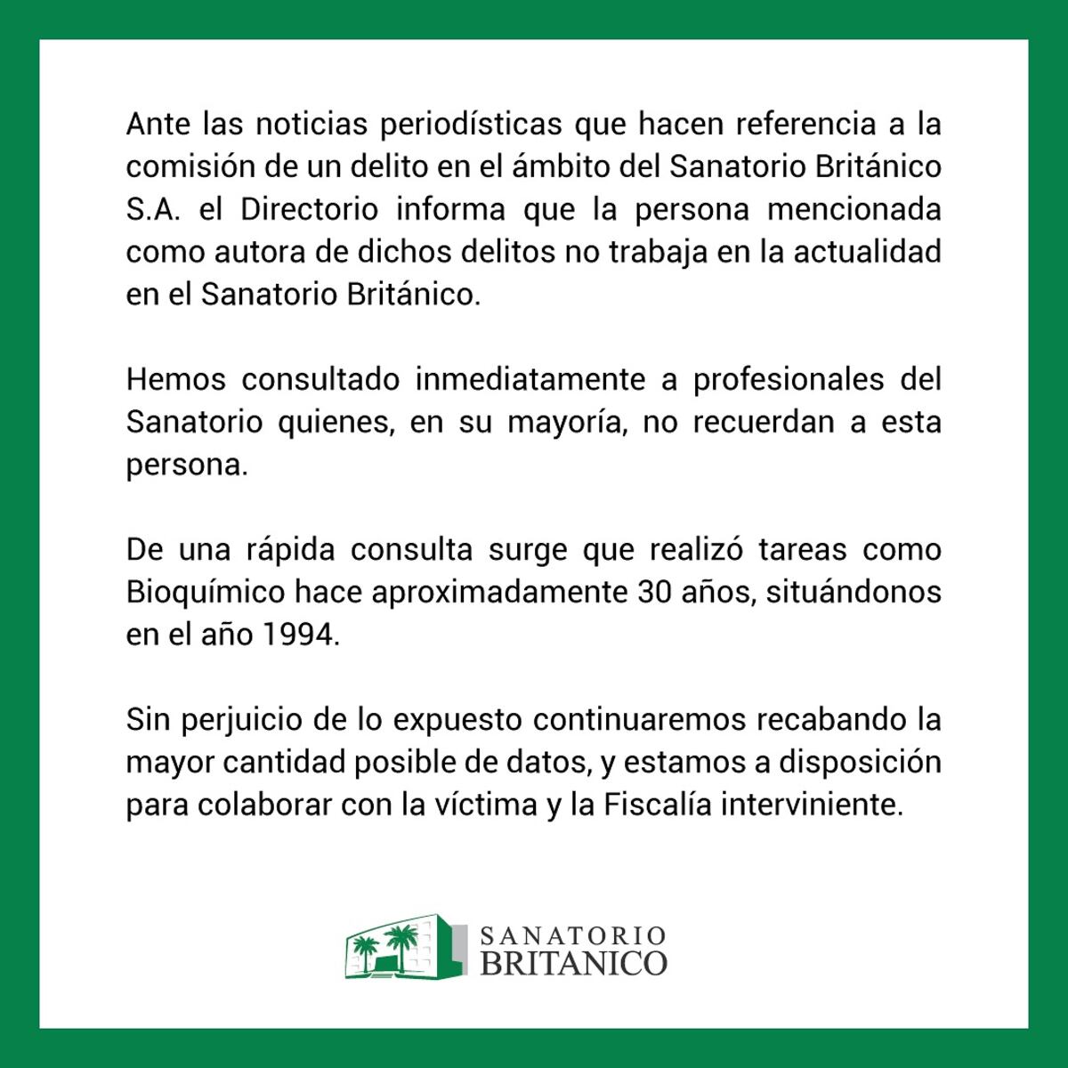 Rosario. Comunicado del sanatorio Británico de esa ciudad.