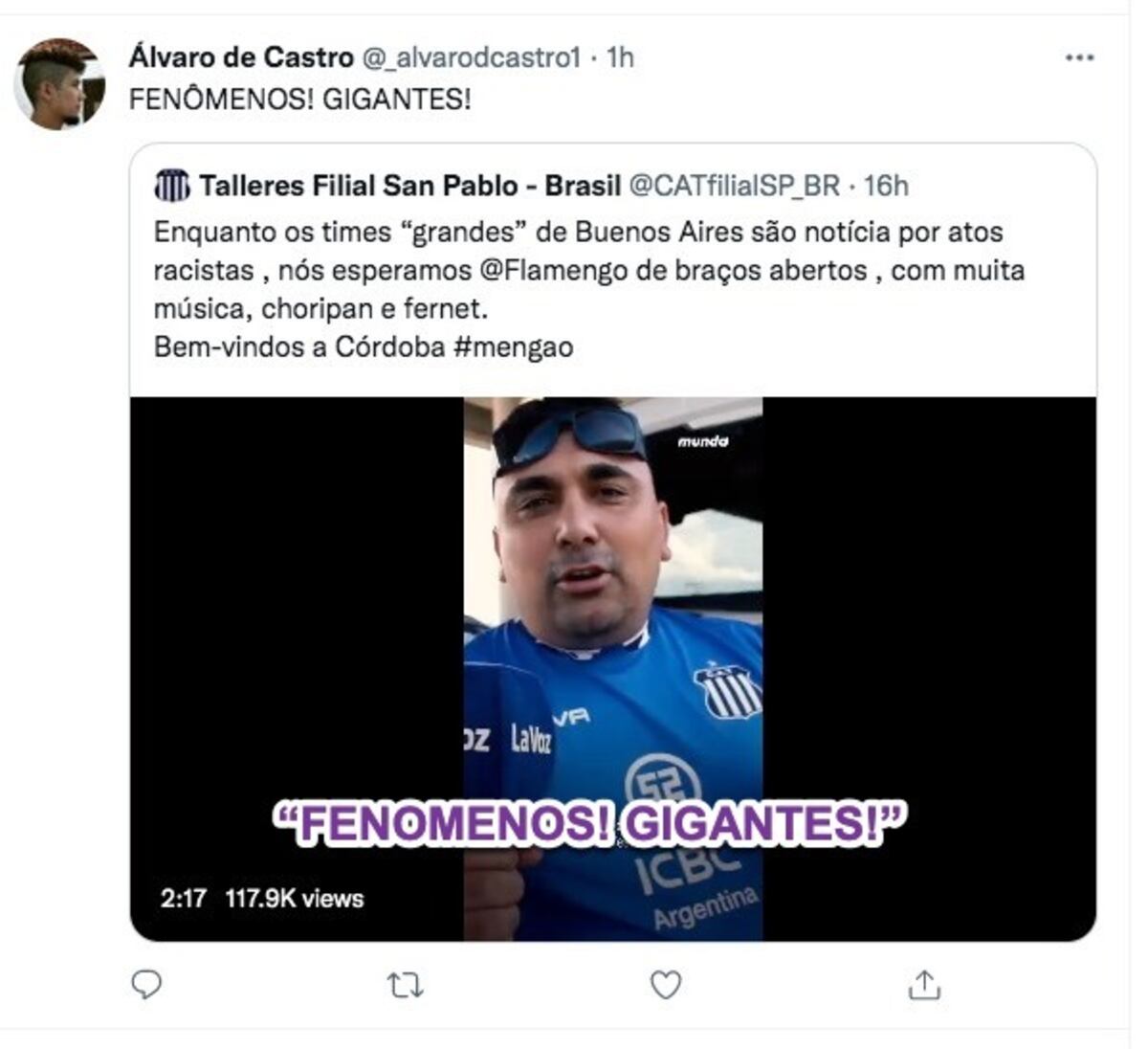 La hinchada de Flamengo elogiando a la de Talleres en redes sociales.