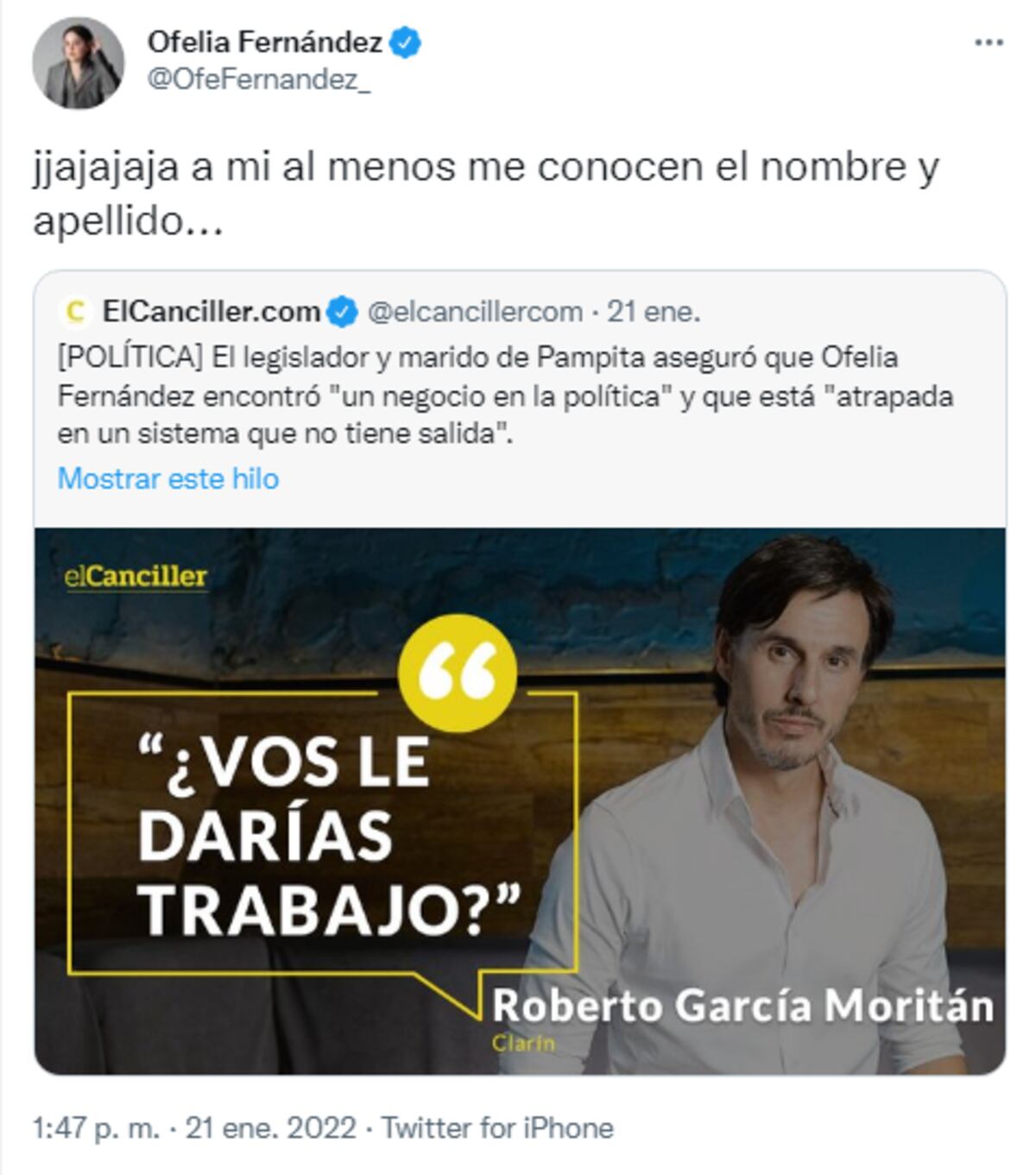 Ofelia Fernández contra el marido de Pampita.
