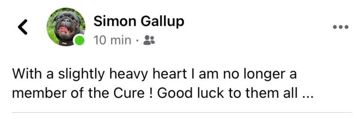 Simon Gallup, anunciando que abandona The Cure. (Facebook simon.gallup.9277)