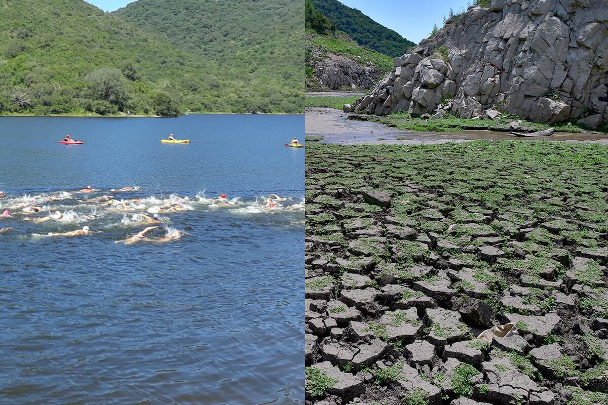 Dique La Quebrada. Antes y después de la sequía extrema que vive Córdoba. (Fotomontaje Martín Ferraro / La Voz)