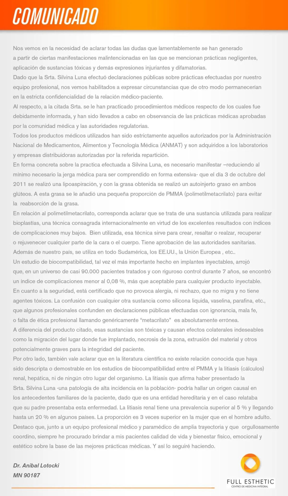 El comunicado de Aníbal Lotocki en 2014, cuando fue señalado por Silvina Luna por sus problemas de salud. (Foto: Twitter)