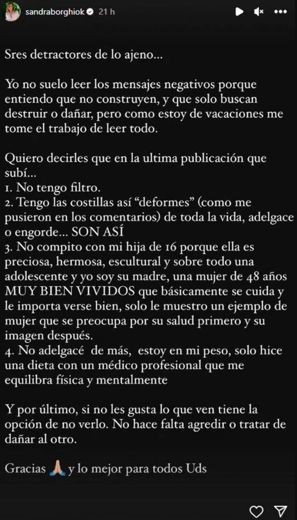 El descargo de Sandra Borghi después de leer las críticas que recibió. (Foto: Captura de pantalla)