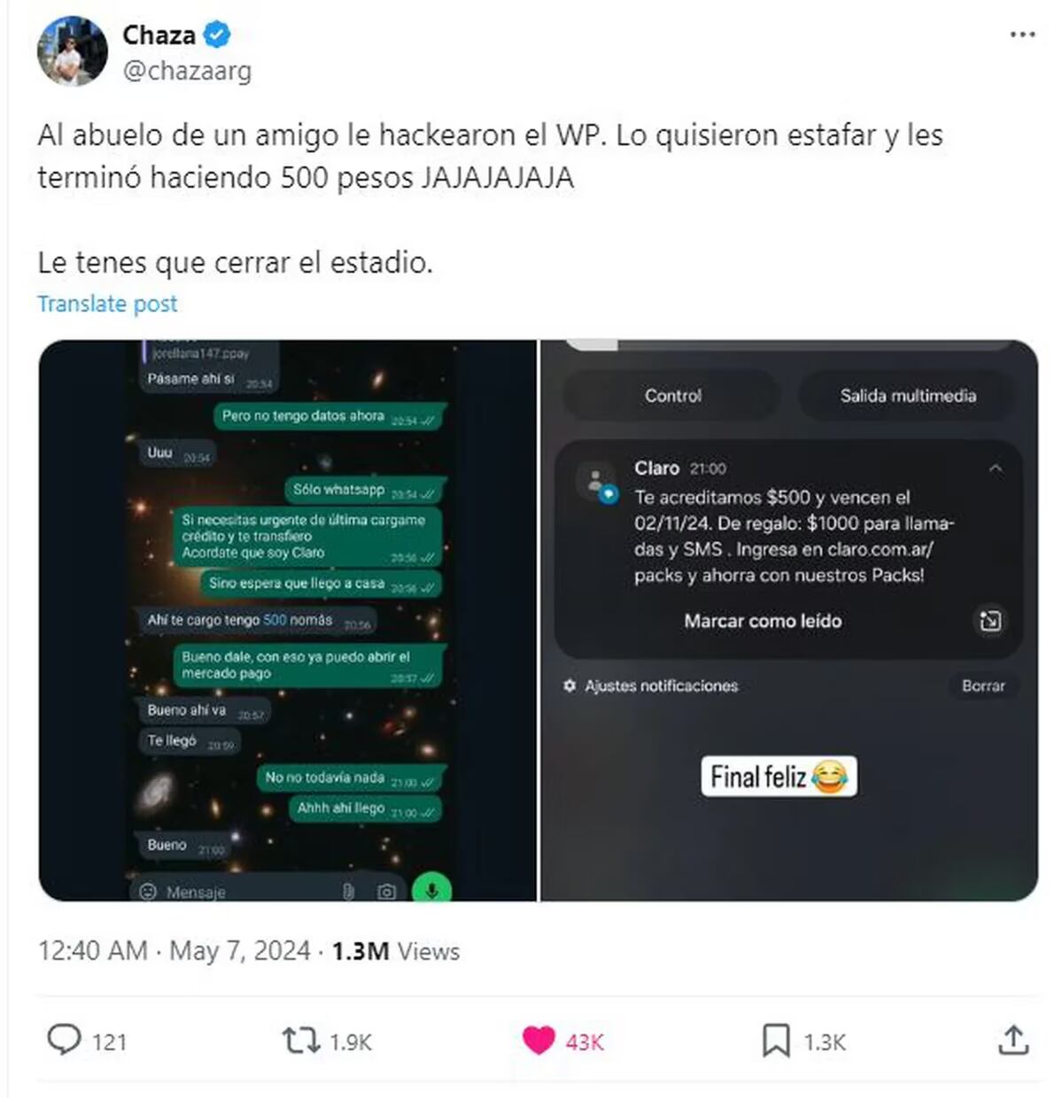 Intentaron estafar a un joven haciéndose pasar por su abuelo y les terminó sacando dinero. (@chazaarg)