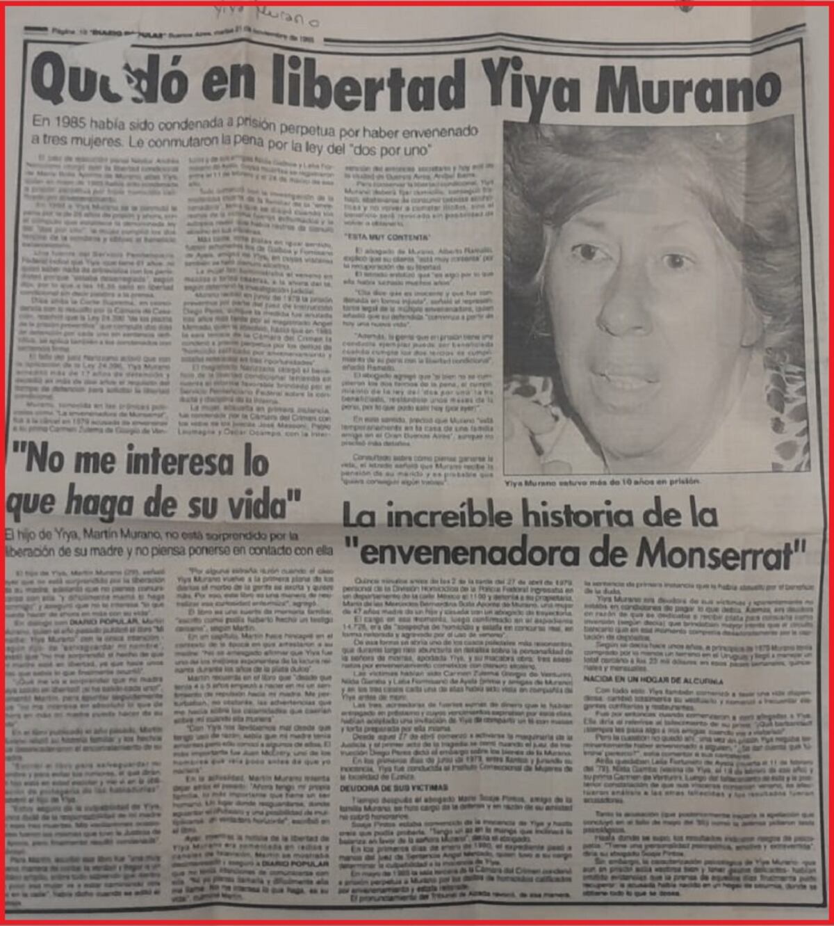 1995. Así reflejó el diario Popular la libertad de Yiya Murano (Archivo).