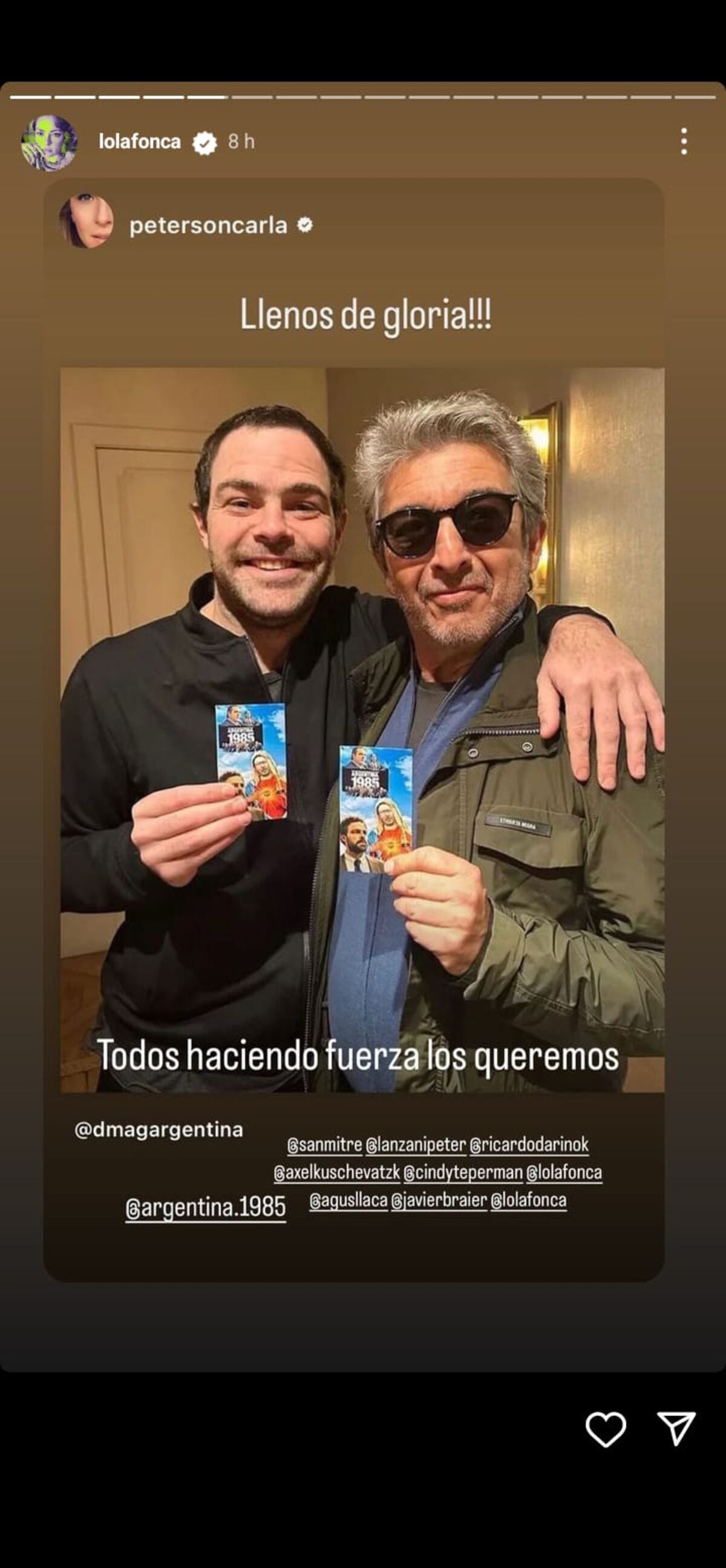 El mensaje de apoyo de los famosos para "Argentina, 1985". (Captura)