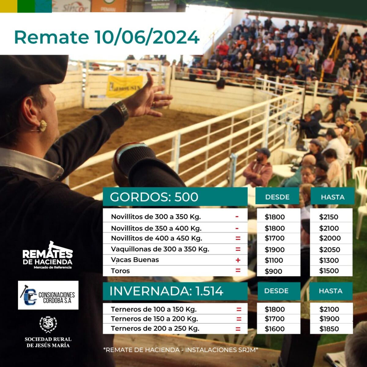 PRECIOS GANADEROS. Remate en el predio de la Sociedad Rural de Jesús María, el 10 de junio de 2024. (Prensa SRJM)