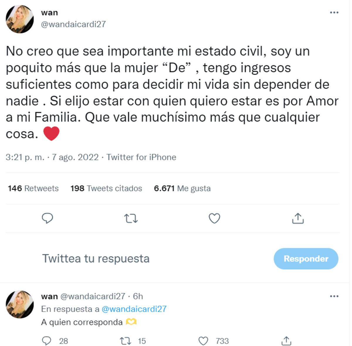 Wanda y un mensaje tras los rumores de divorcio. (Twitter Wanda Nara)