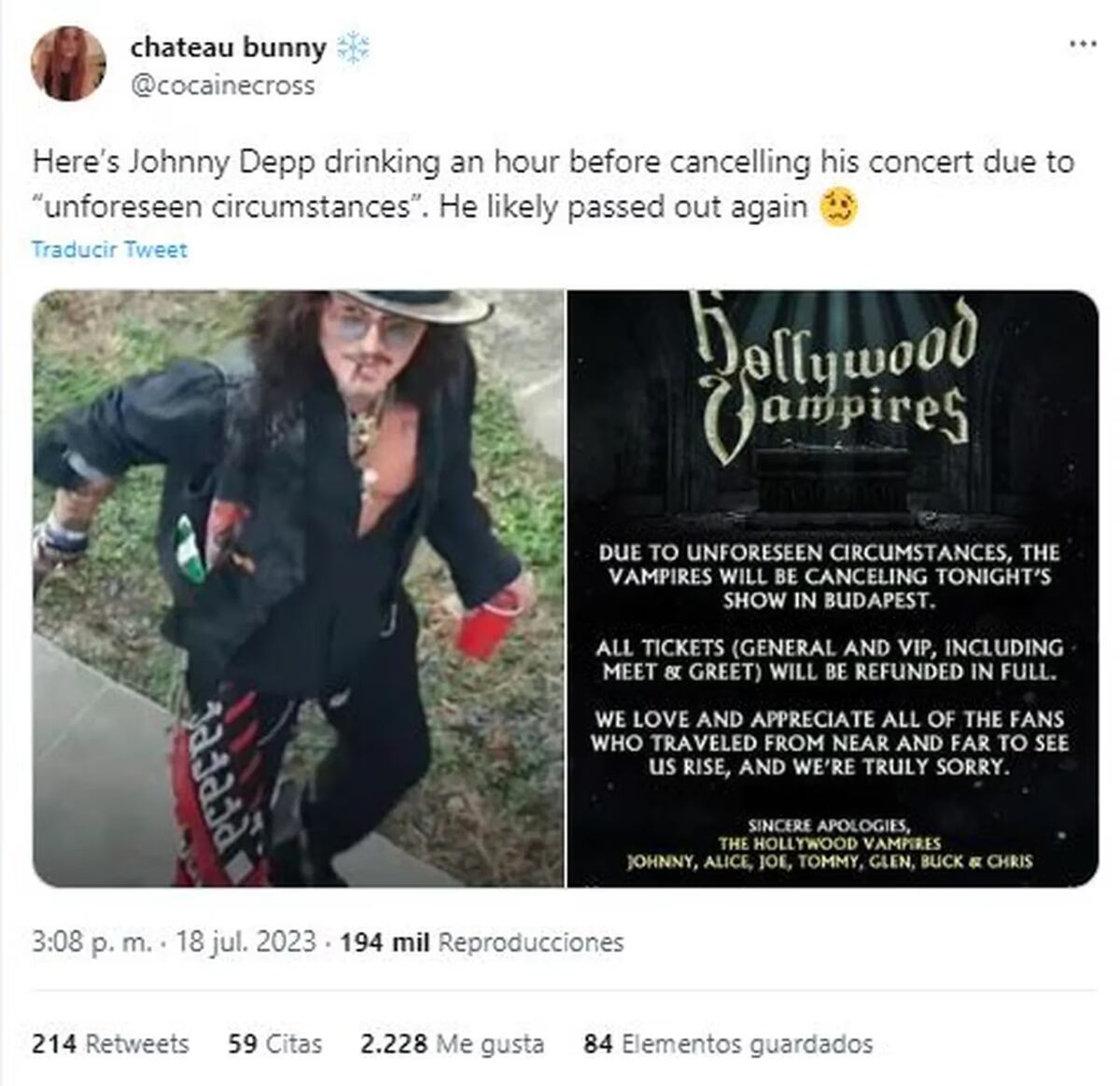 Johnny Depp complicó los shows de su banda en Europa.