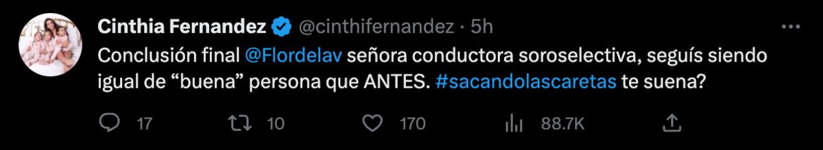 Los tuits de Cinthia Fernández en contra de Flor de la V.