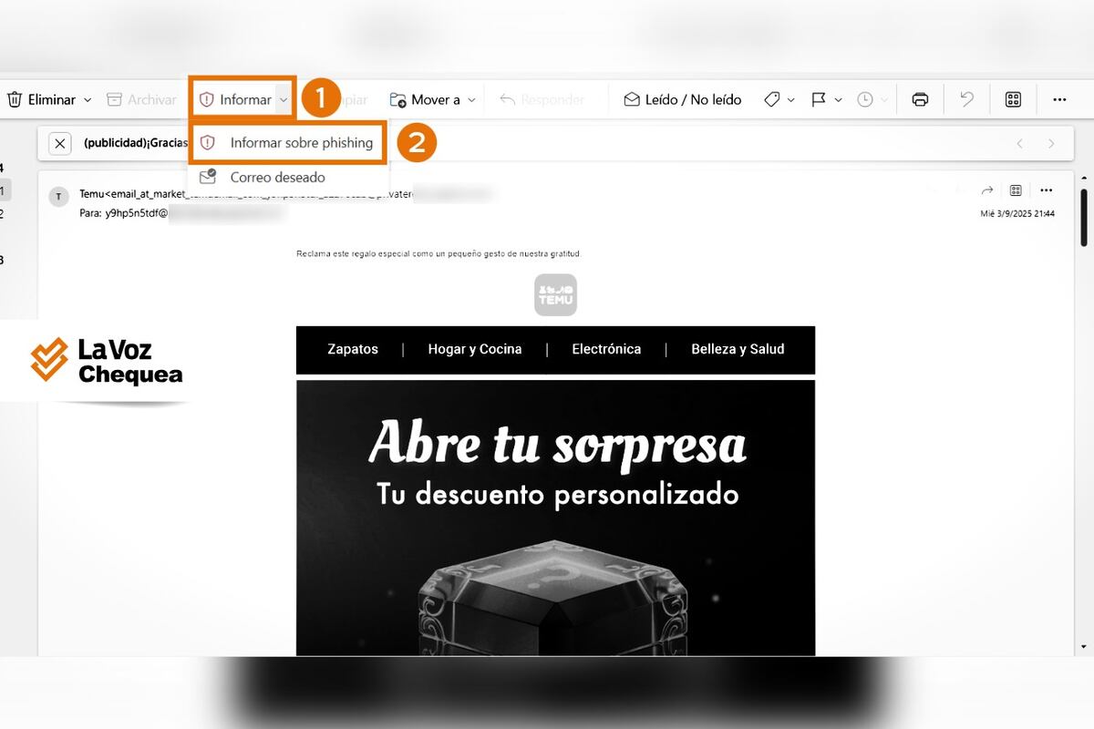 La Voz Chequea. Cómo reportar un mail de phishing en Outlook.