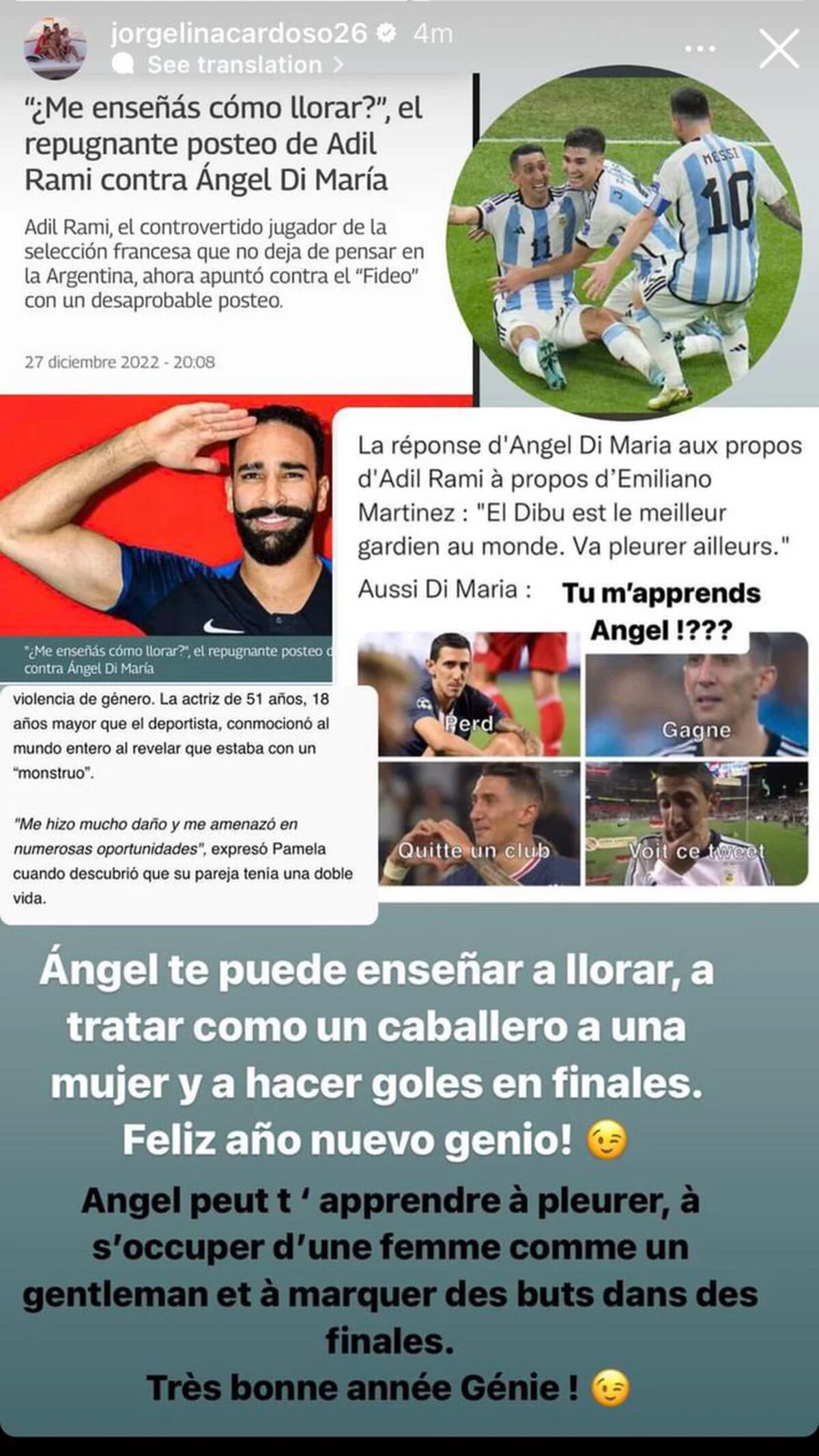 La esposa de Ángel Di María confrontó al ex campeón del mundo francés que lo tildó de “llorón”