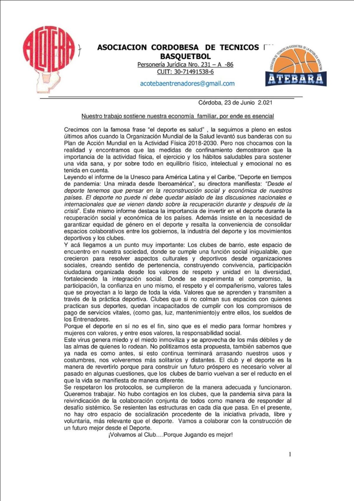 El comunicado de Acoteba contando la dura realidad de los clubes de Córdoba, cerrados por la pandemia. (Acoteba)