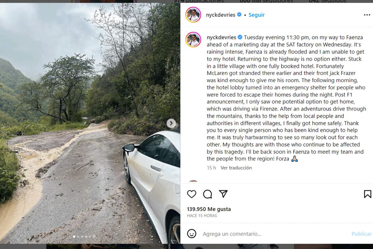 El posteo de Nyck de Vries con el relato de las consecuencias de las inundaciones que debió afrontar. (@nyckdevries)