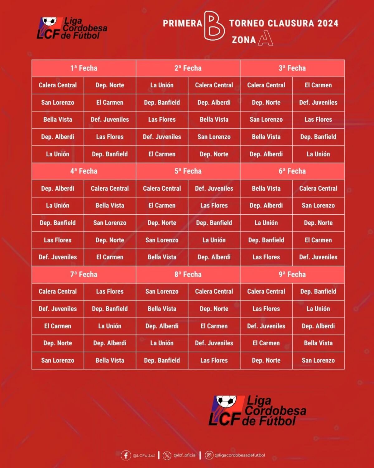 El fixture de la LCF de la Primera A y Primera B. (Gentileza LCF).