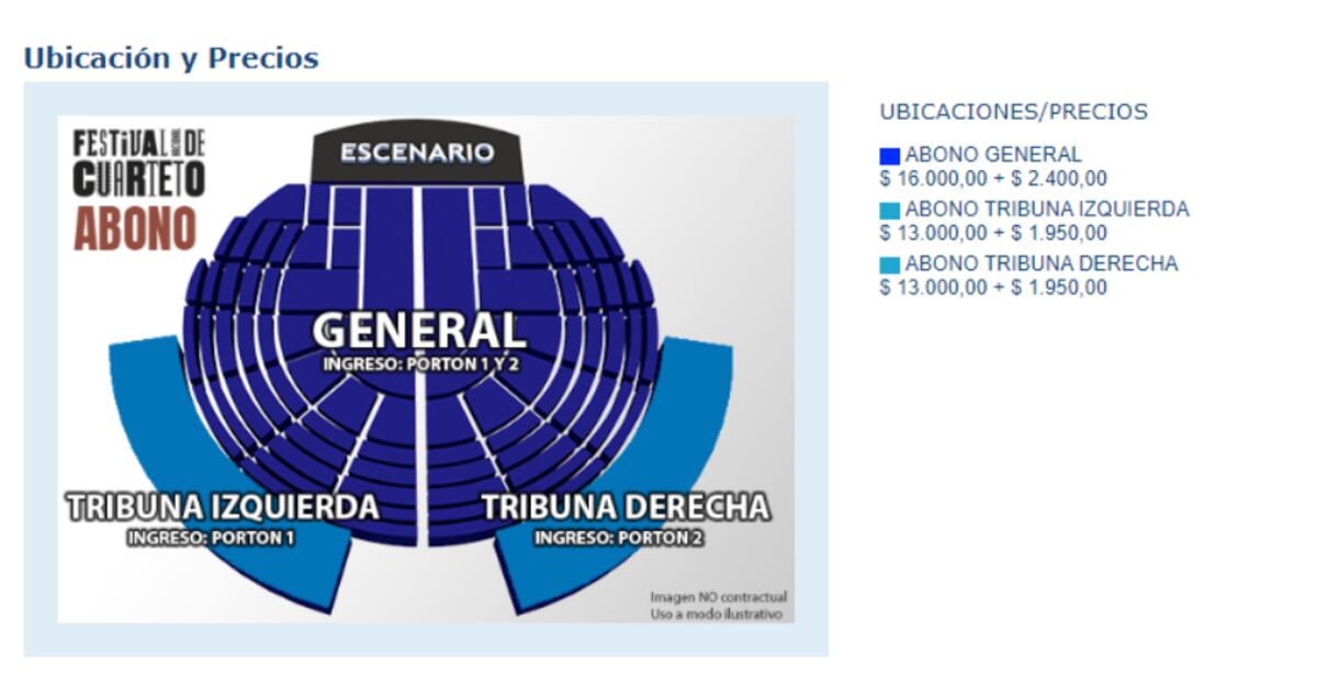 El mapa de entradas del Festival Nacional del Cuarteto. (Captura edenentradas.com)