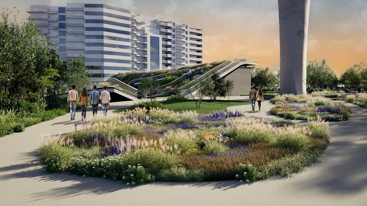 La cubierta verde del Centro Cultural Córdoba emula el paisaje serrano con especies nativas que aportan color, biodiversidad y regulación térmica al entorno urbano (Render Gobierno de Córdoba)