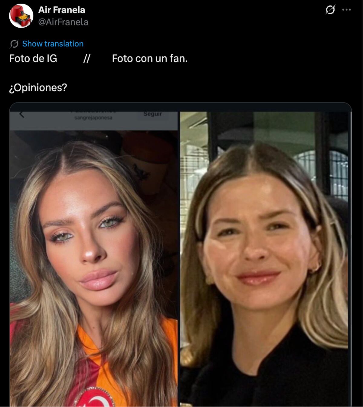 La foto al natural de "la China" Suárez al natural, comparada con una foto que la actriz compartió en Instagram, con maquillaje y filtros. (Foto: Captura de pantalla)