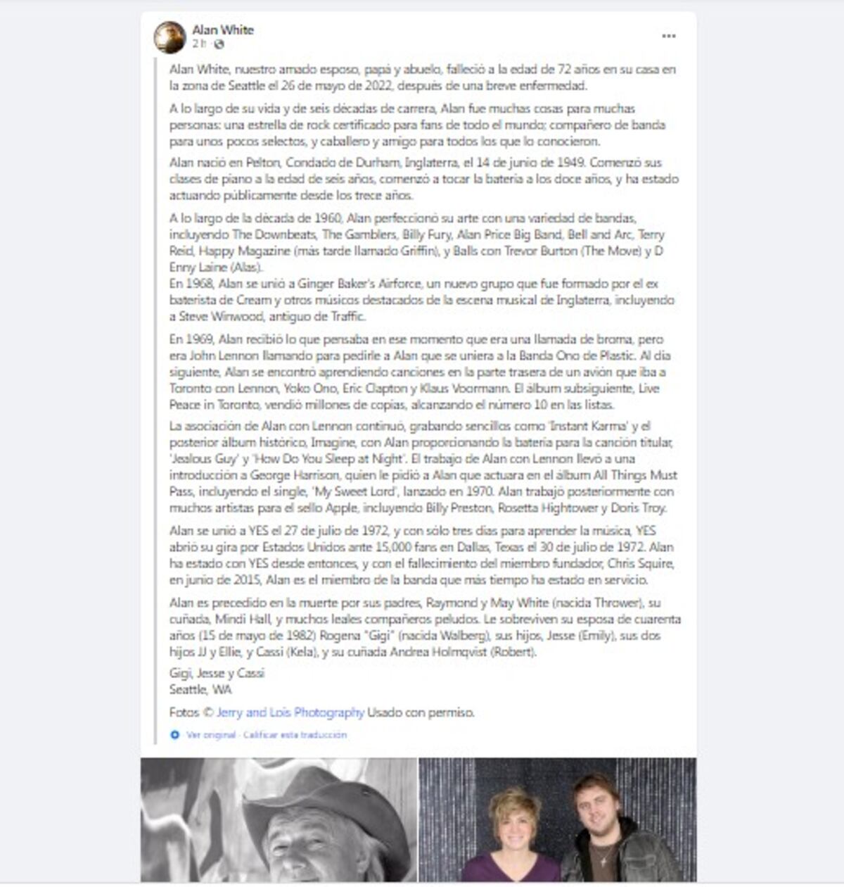 El comunicado de la familia de Alan White. (Captura)