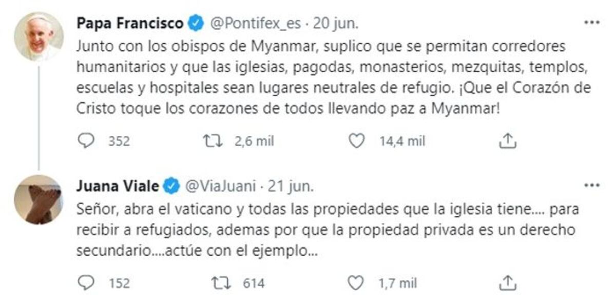 Juana Viale cruzó al Papa Francisco en Twitter.