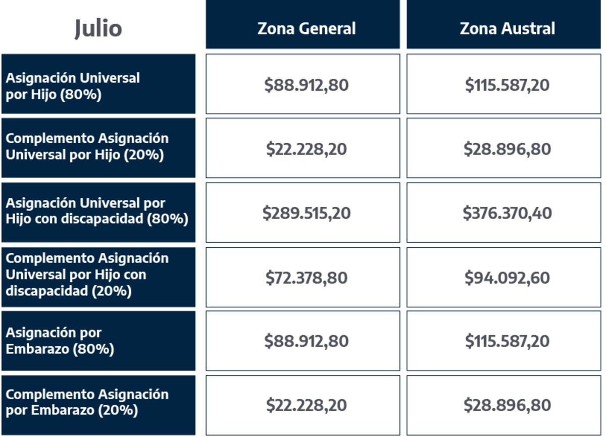 Montos de Asignación Universal por Hijo y por Embarazo para Protección Social. Julio 2025