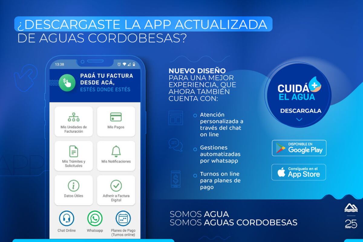 La app es de descarga gratuita y está disponible para Android e iPhone. Foto: Aguas Cordobesas