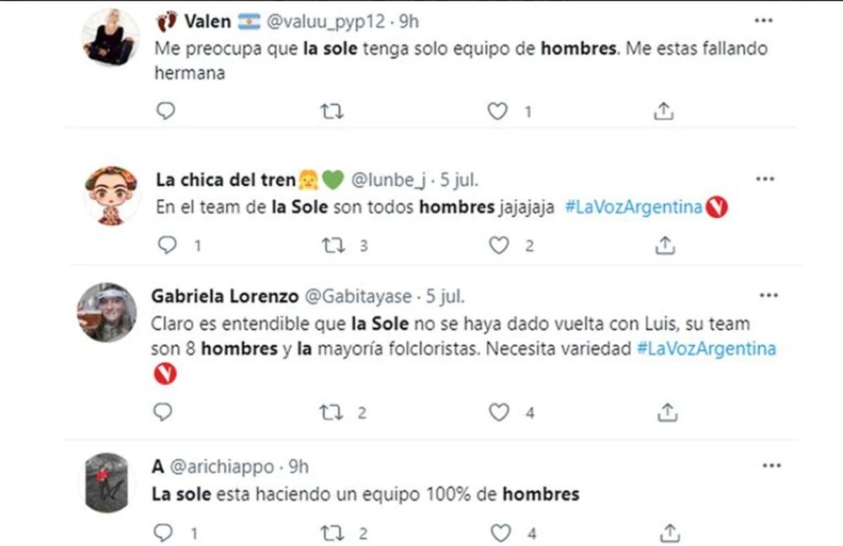 Los intercambios tuiteros sobre el supuesto machismo de Soledad. (Twitter, capturas)