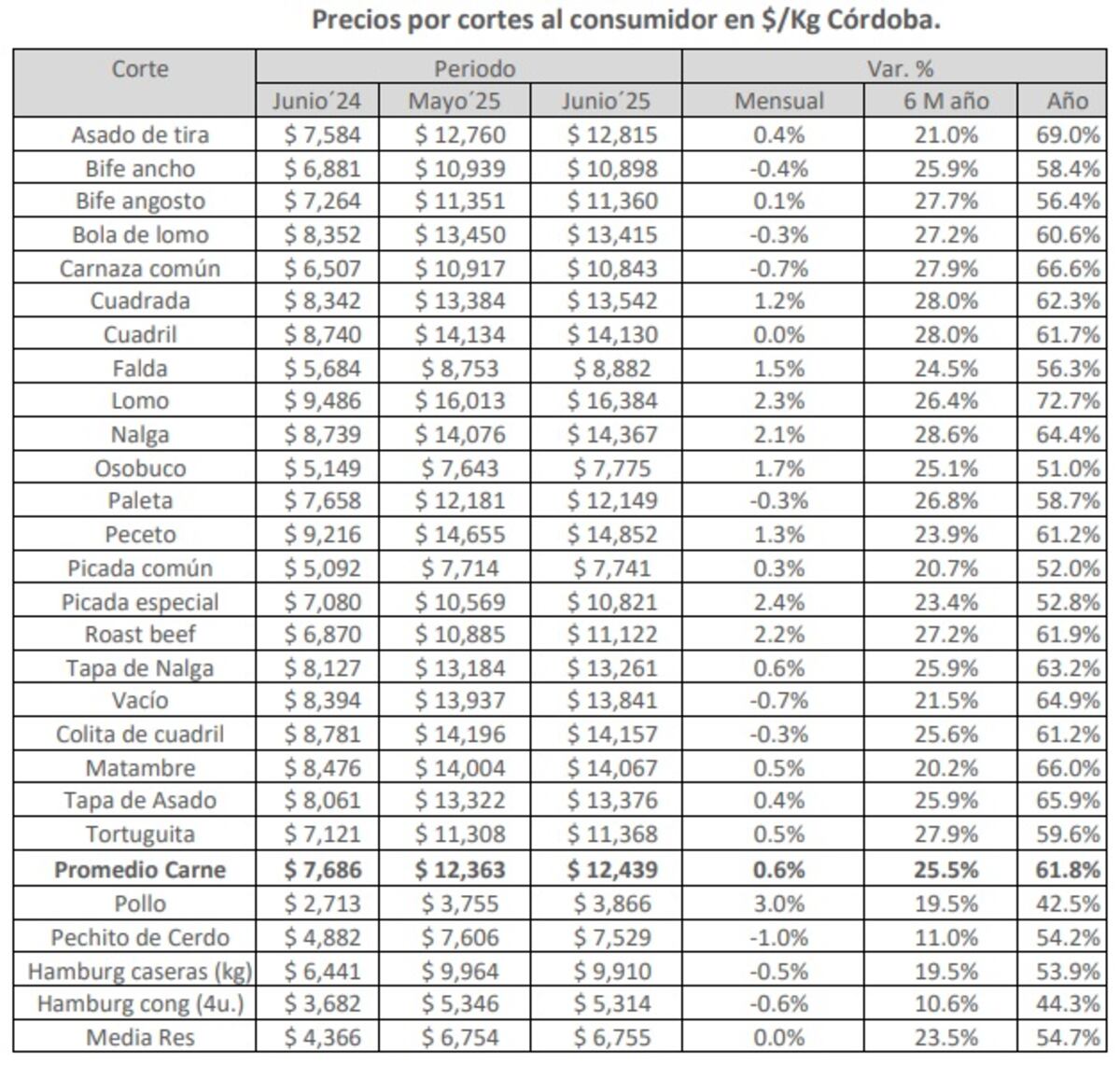 CANASTA. El precio de la carne en junio en Córdoba según un relevamiento del IPCVA.