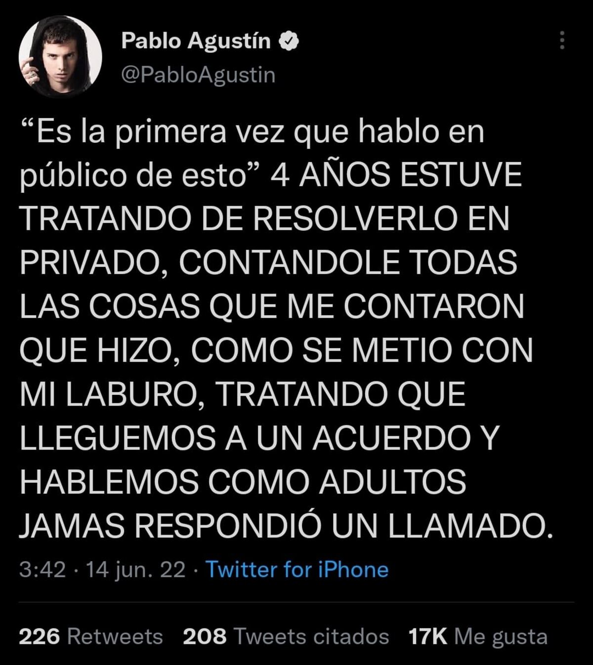 El descargo de Pablo Agustín contra Mica Suárez (Twitter oficial de Pablo)