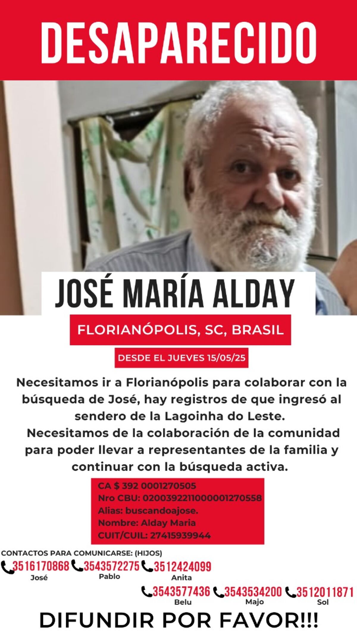 Se busca a un cordobés de 70 años desaparecido en Florianópolis: la familia pide colaboración para viajar. (La Voz)