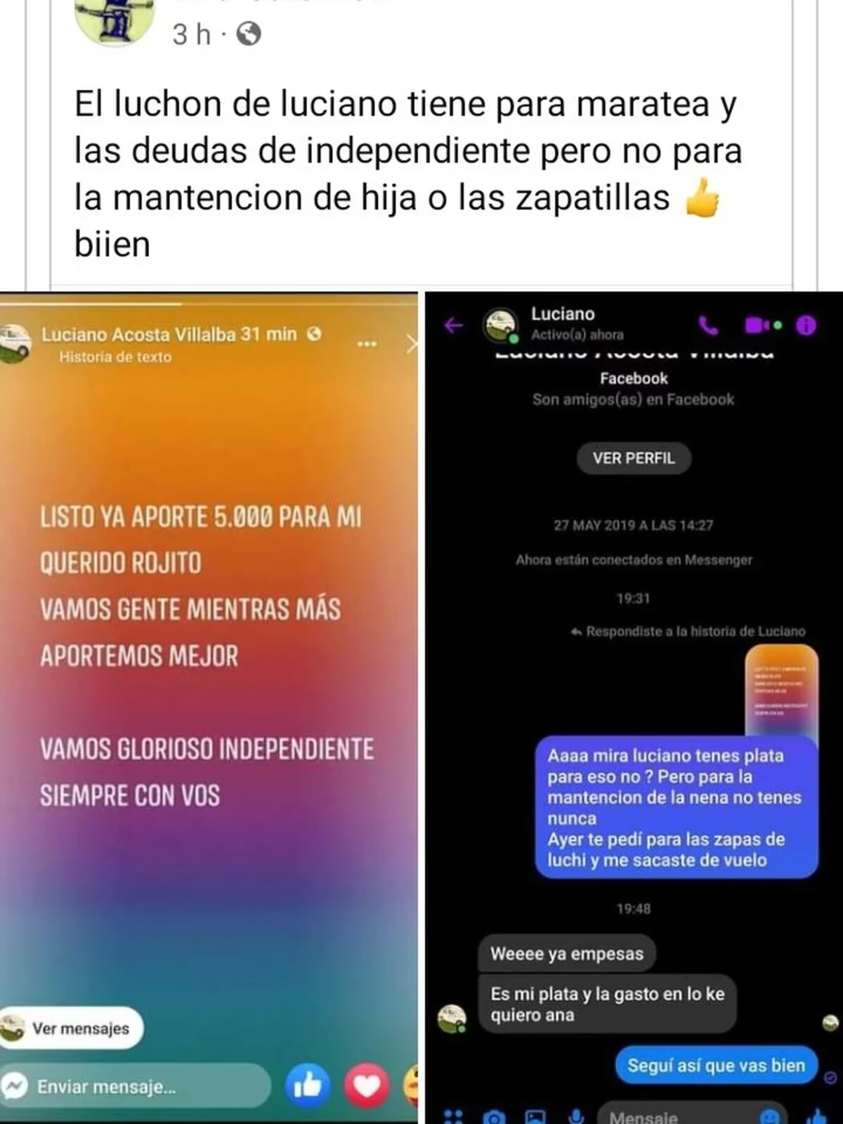 El hombre donó dinero para las deudas de Independiente y lo escracharon por no pagar la cuota alimentaria. (Twitter)