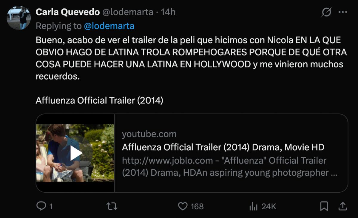Carla Quevedo compartió el tráiler de la película en la que actuó junto a Nicola Peltz. (Foto: Captura de pantalla)