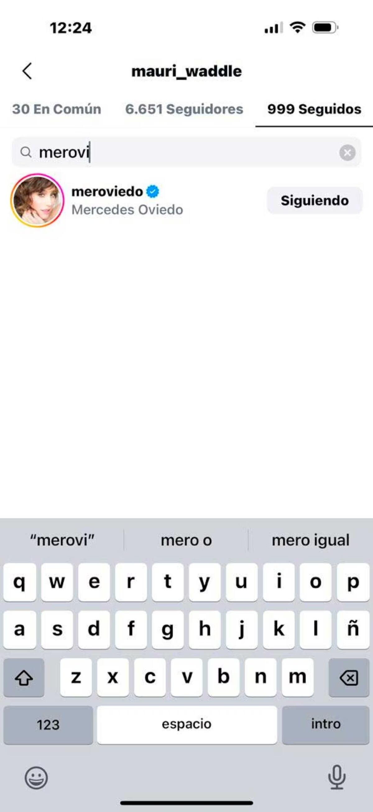Mercedes Oviedo no sigue en Instagram a su esposo Mauricio Waddle, pero él si la sigue a ella (Captura de pantalla)
