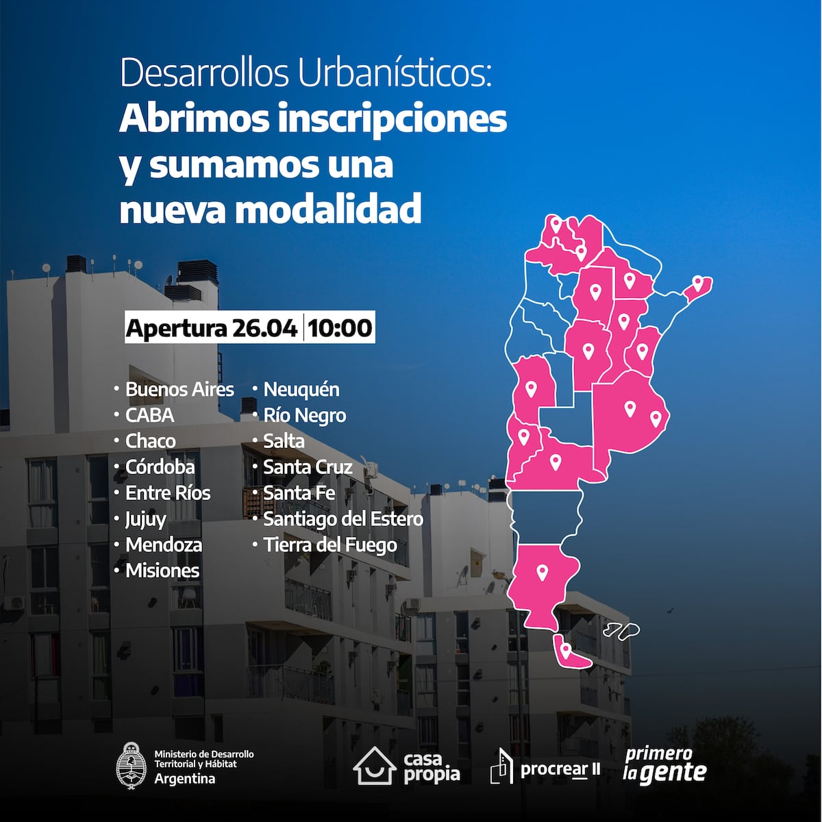 El ¿Ministerio de Desarrollo Territorial y Hábitat confirmó la fecha de apertura de inscripciones y las provincias con predios disponibles. Foto: Procrear / Redes
